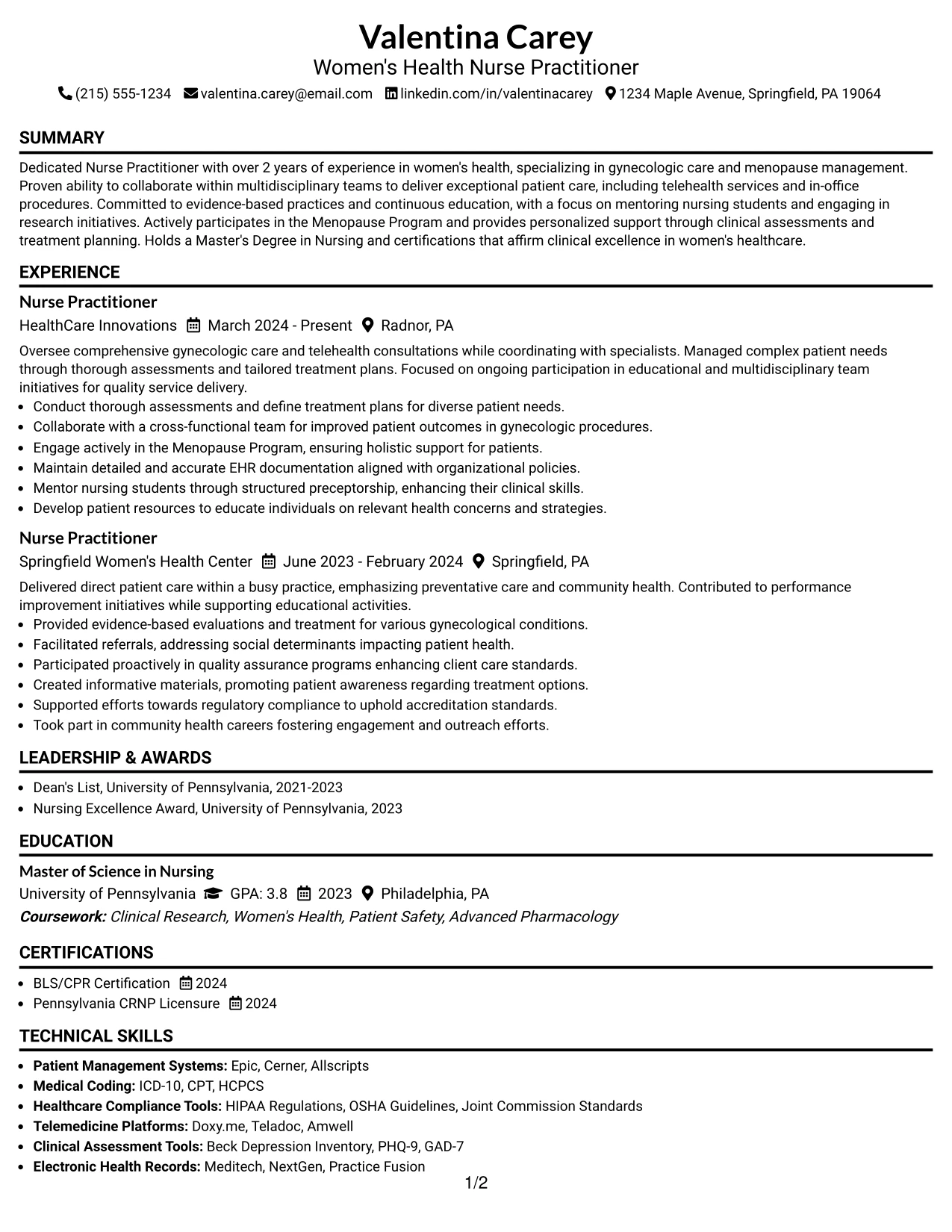 Resume Example Page 1