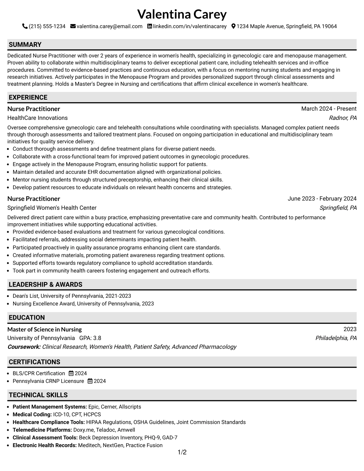 Resume Example Page 1