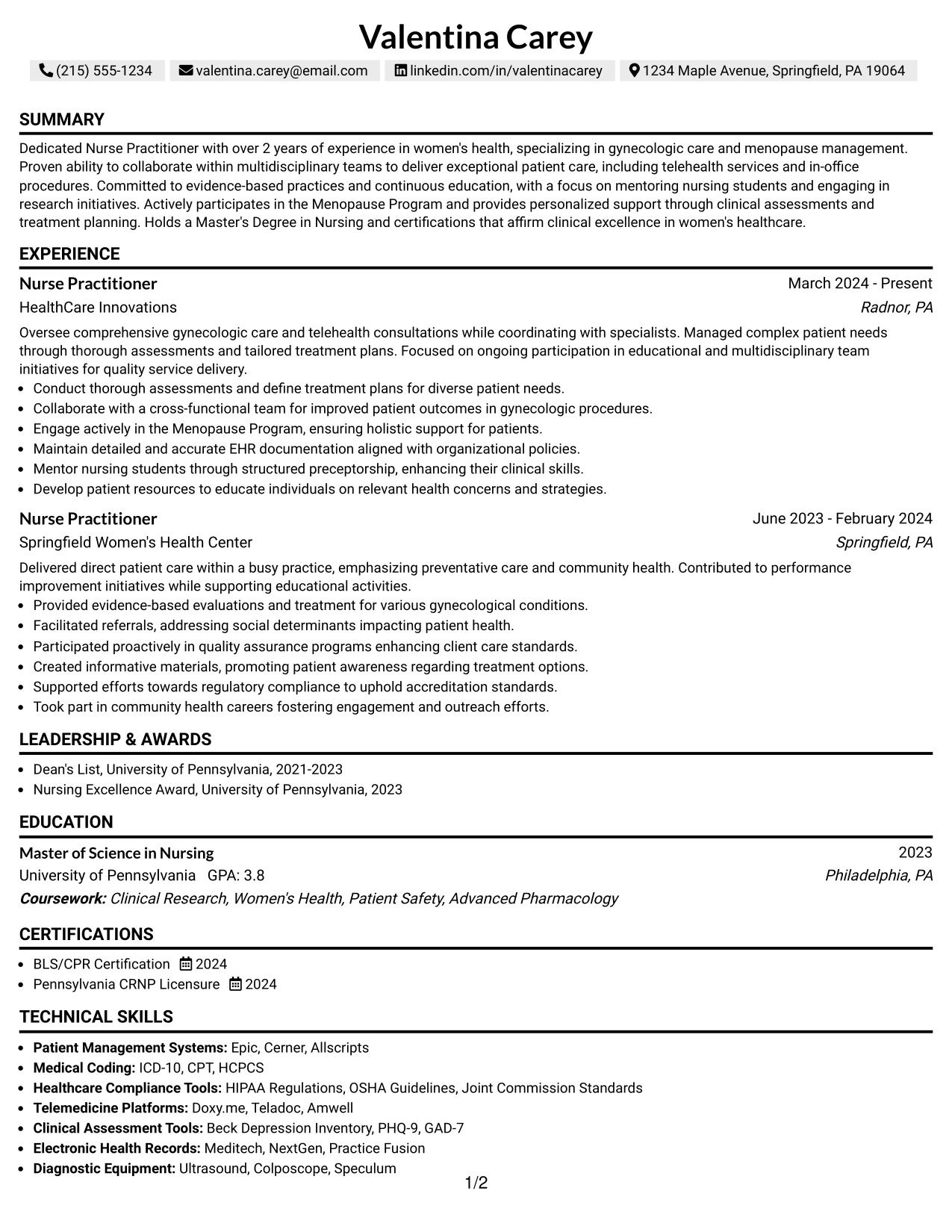 Resume Example Page 1