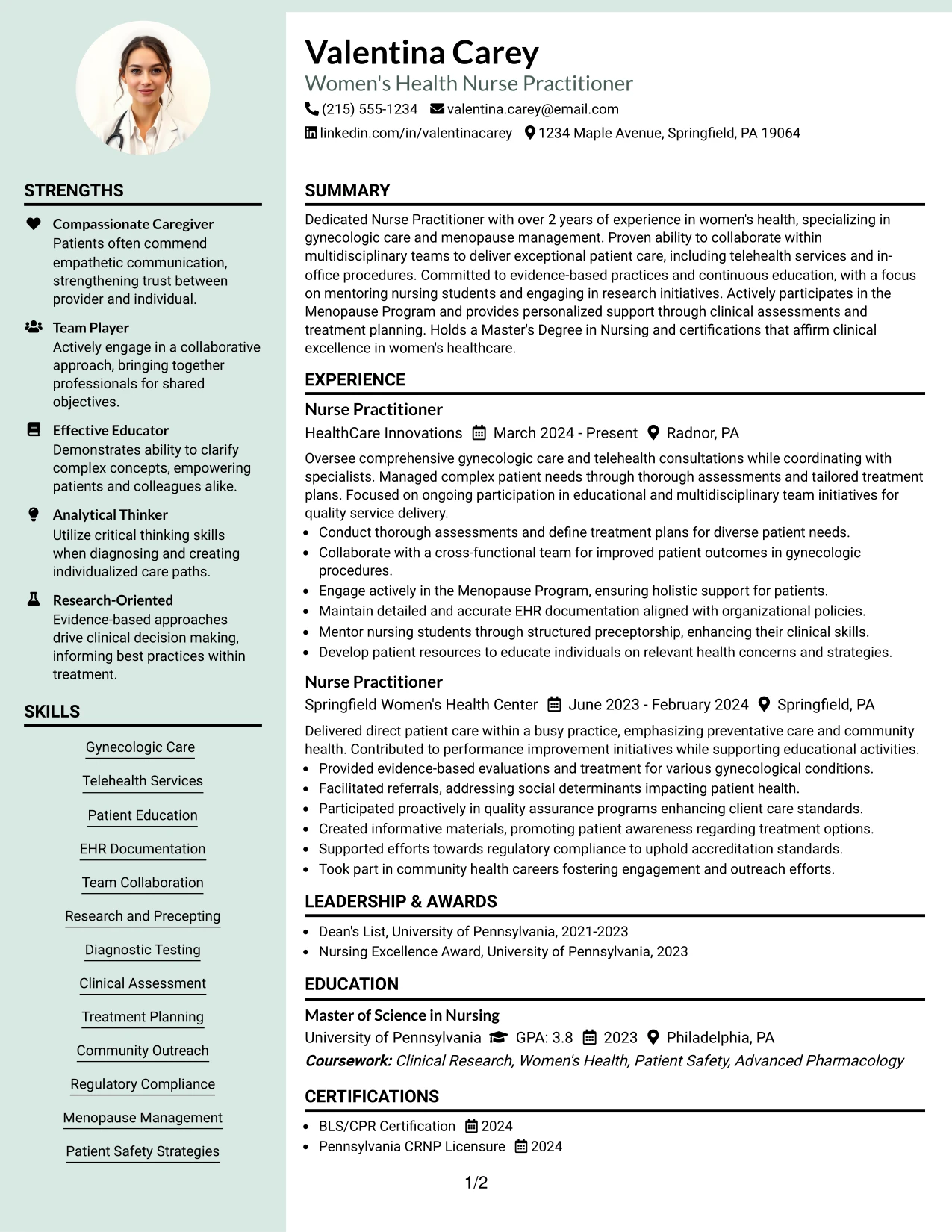 Resume Example Page 1