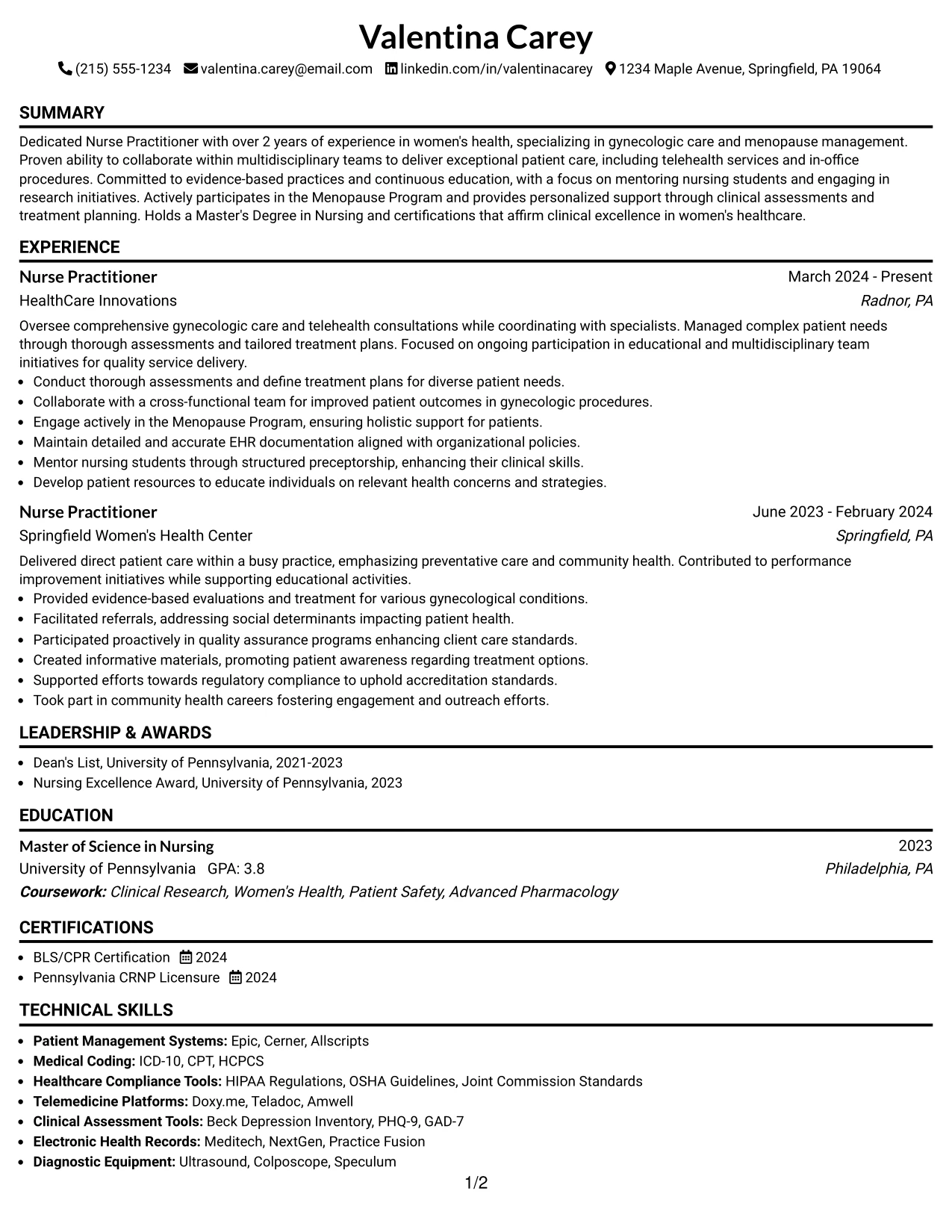 Resume Example Page 1