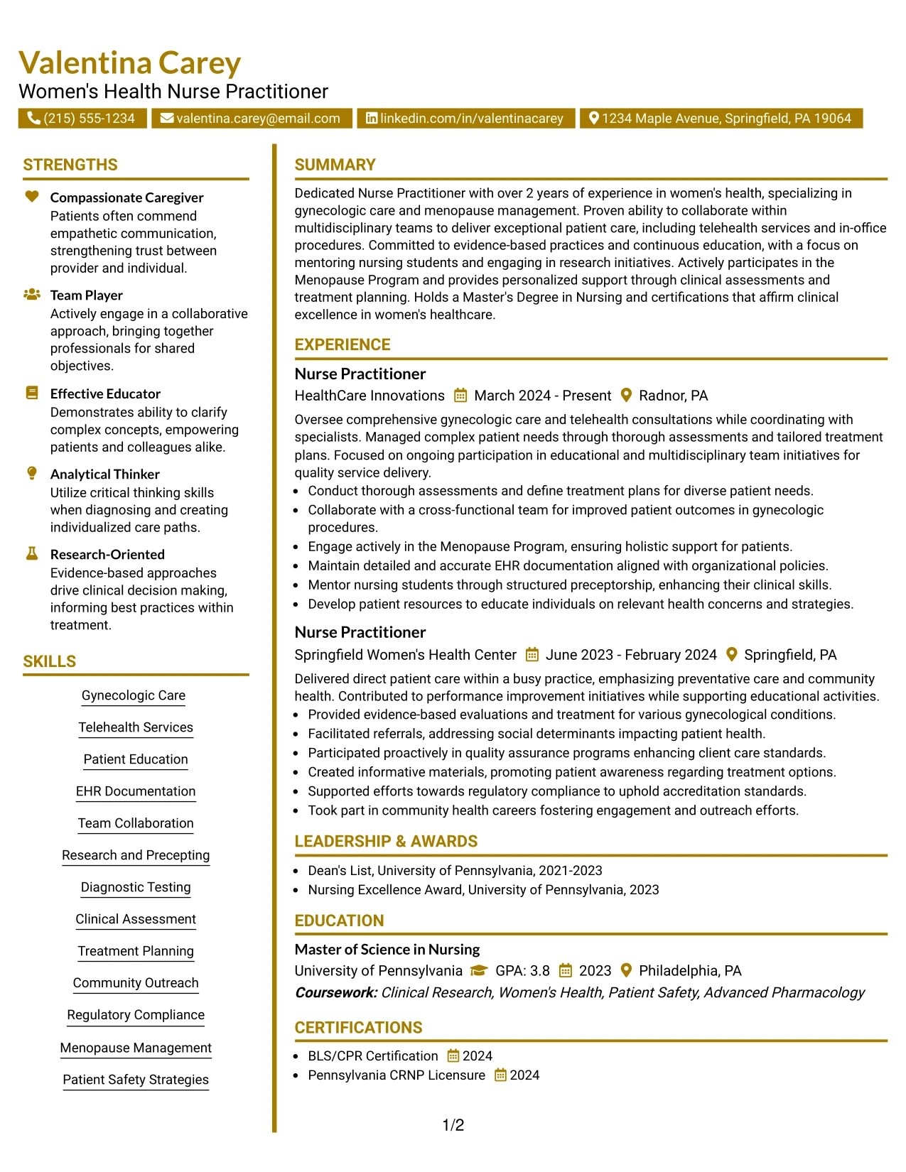 Resume Example Page 1