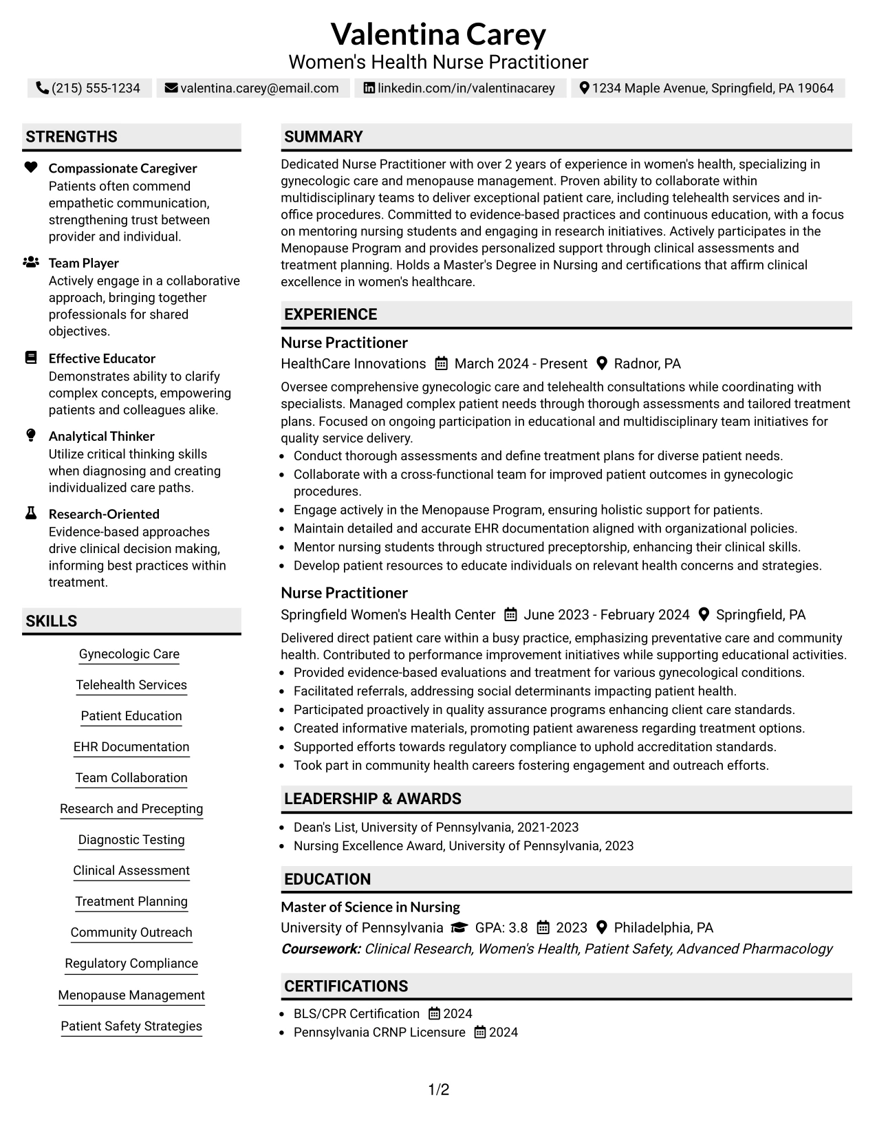 Resume Example Page 1