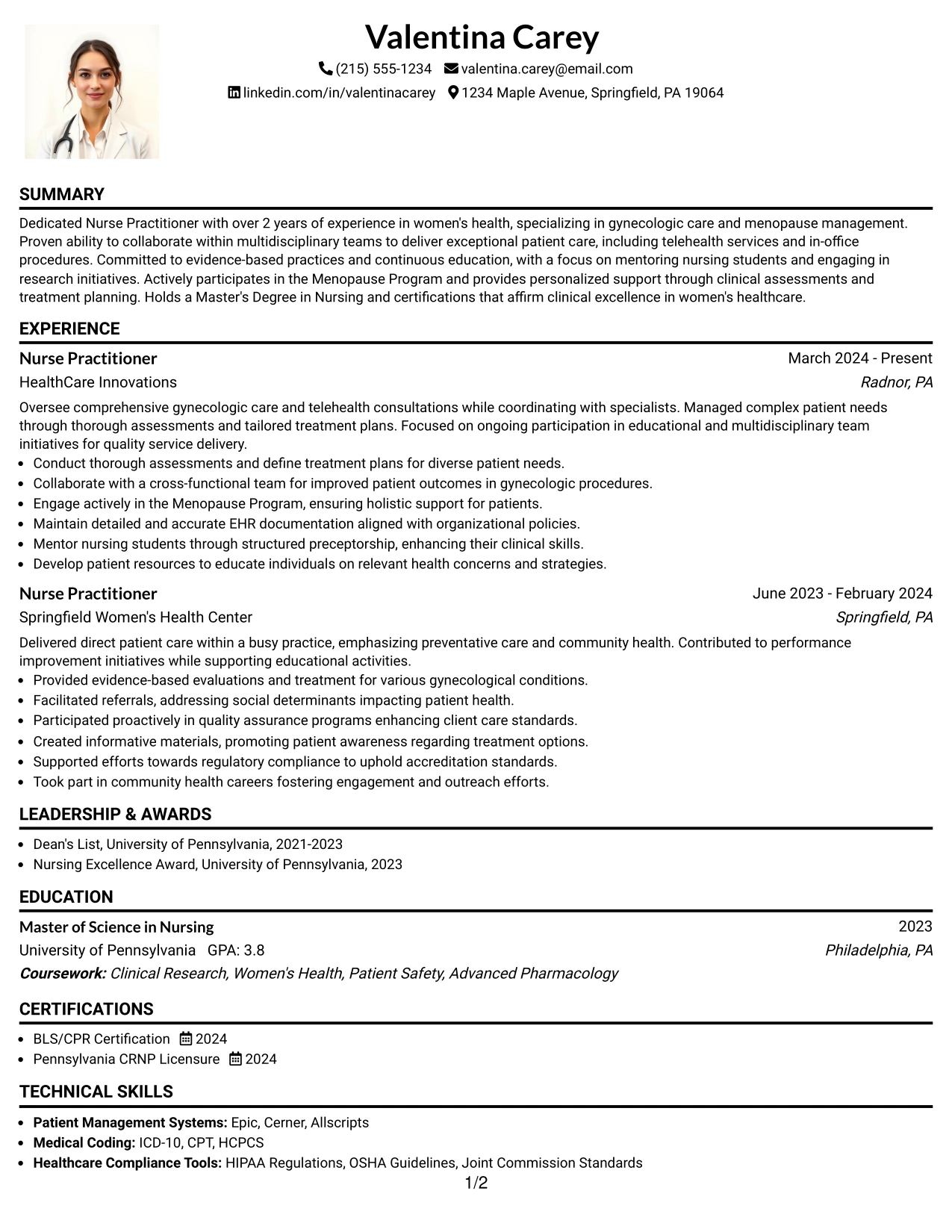Resume Example Page 1