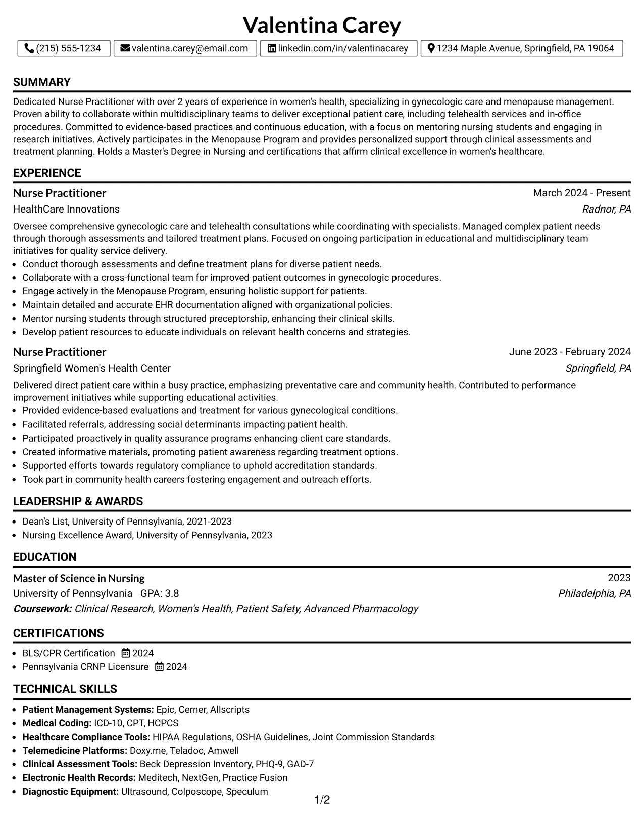 Resume Example Page 1
