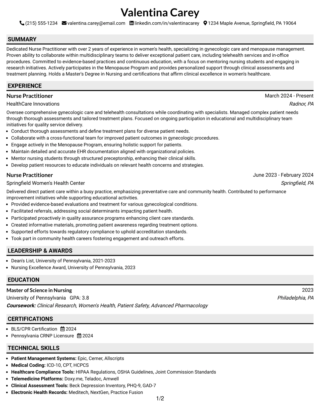 Resume Example Page 1