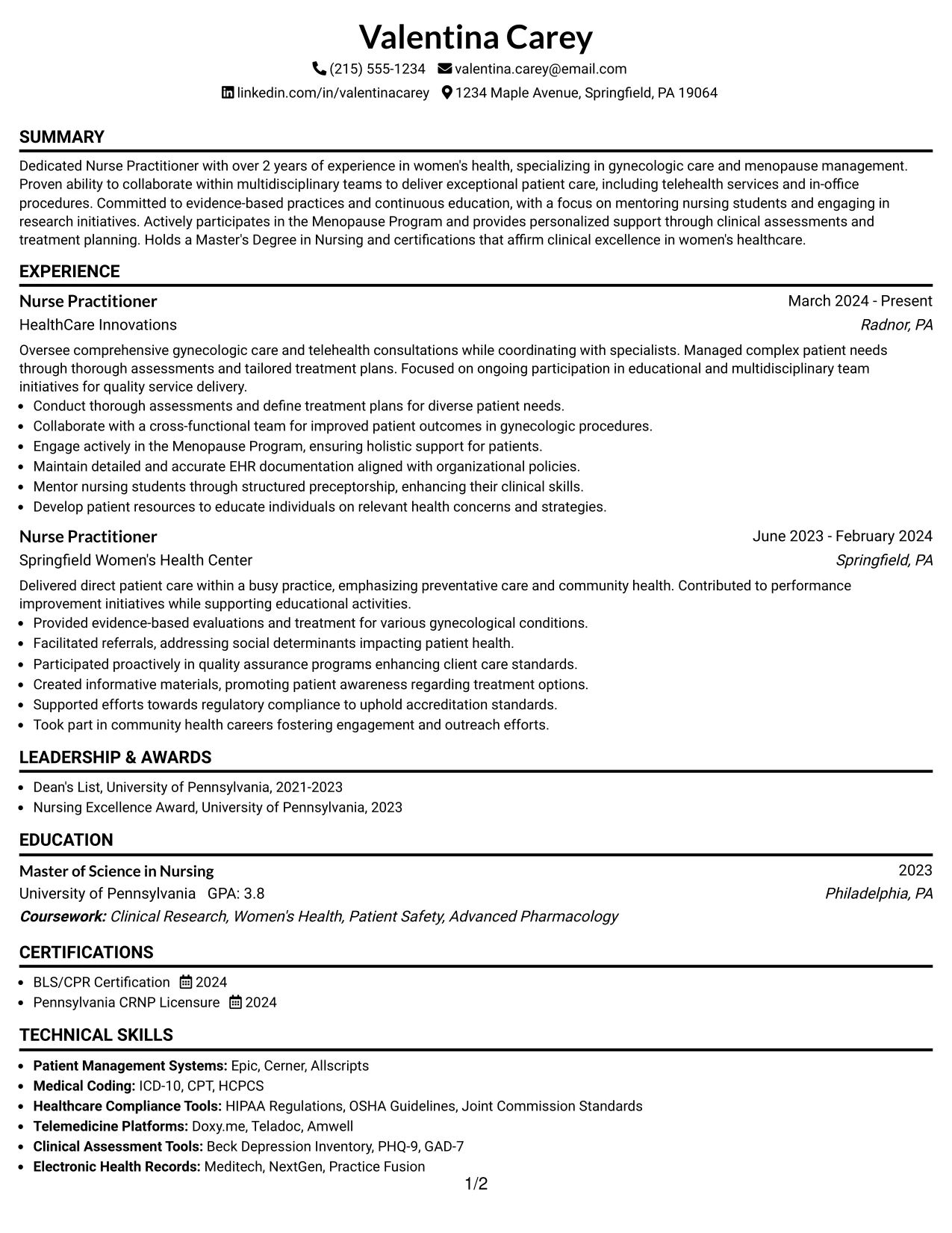 Resume Example Page 1