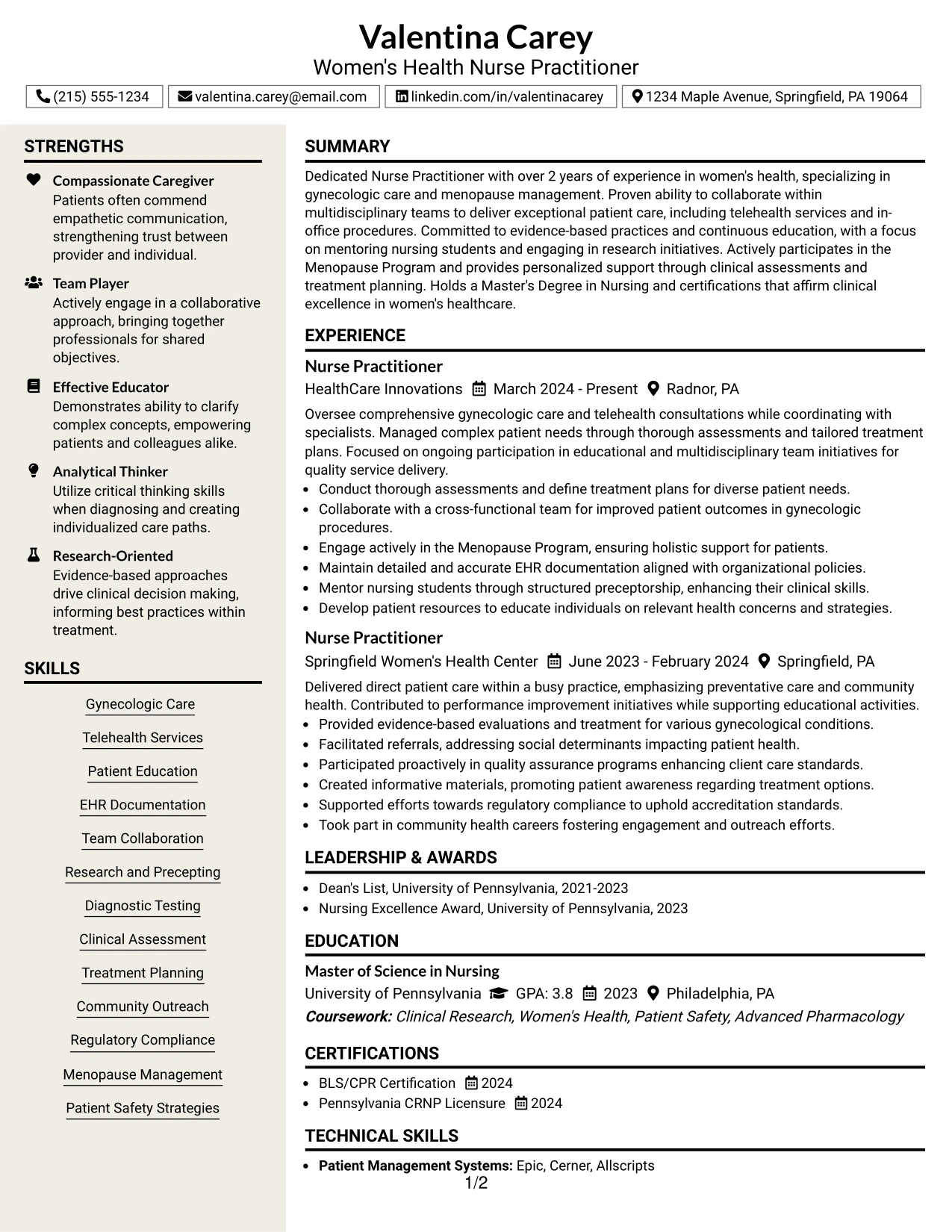 Resume Example Page 1