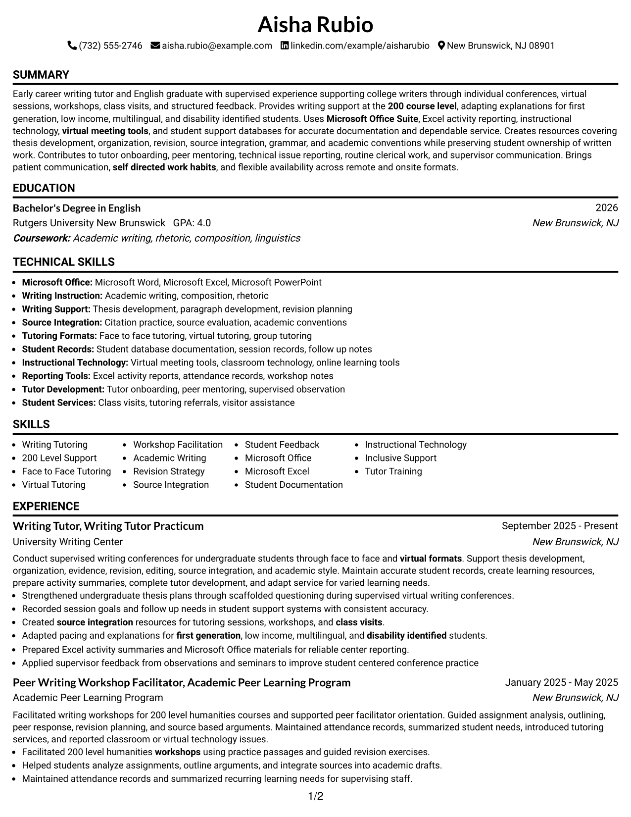 Resume Example Page 1