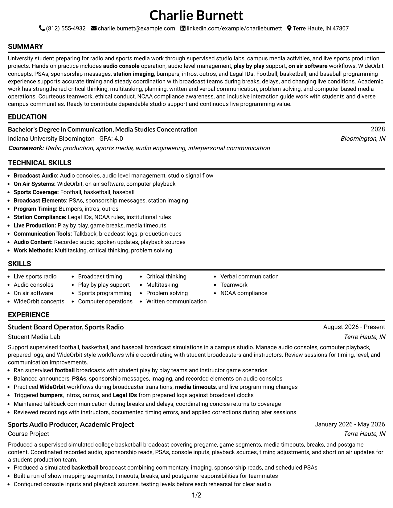Resume Example Page 1