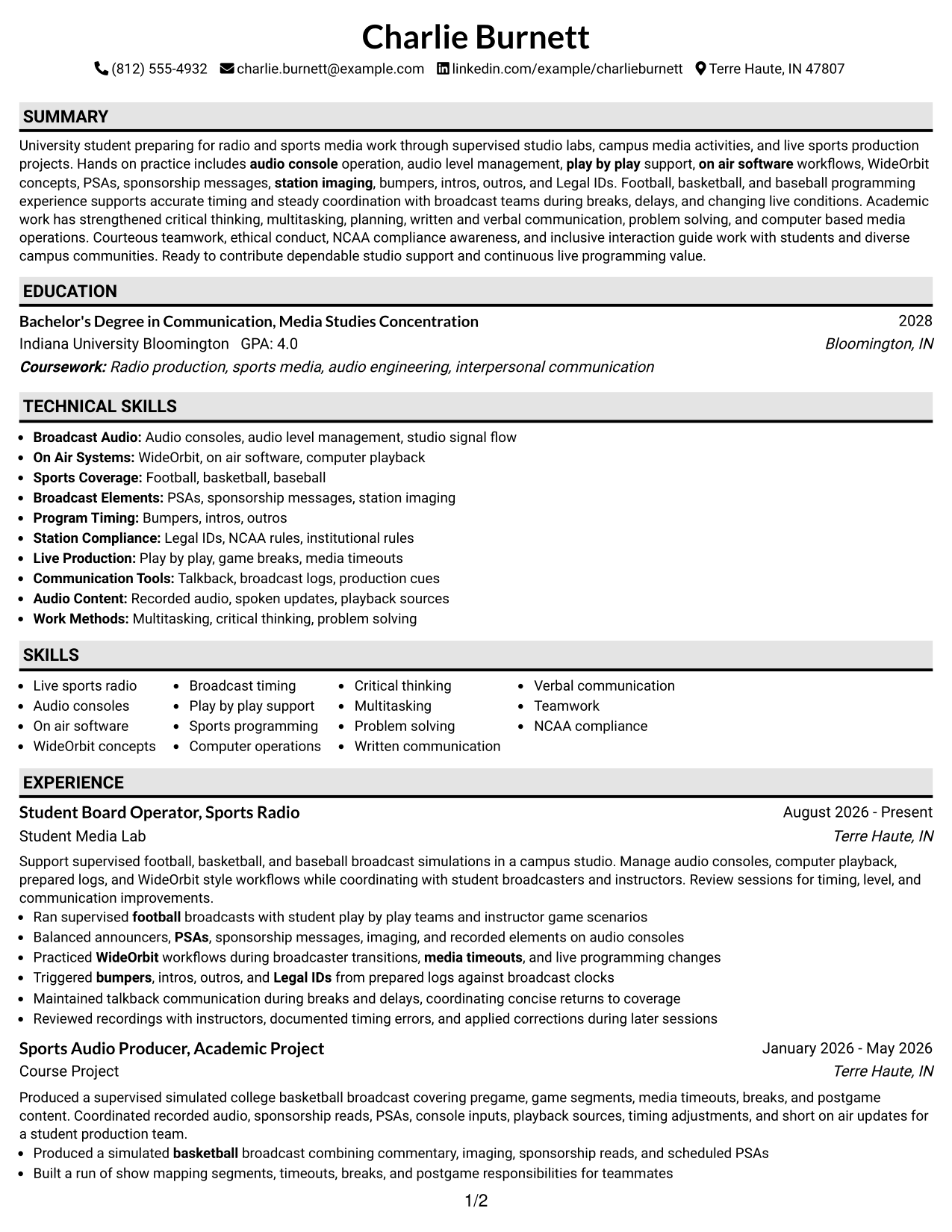 Resume Example Page 1