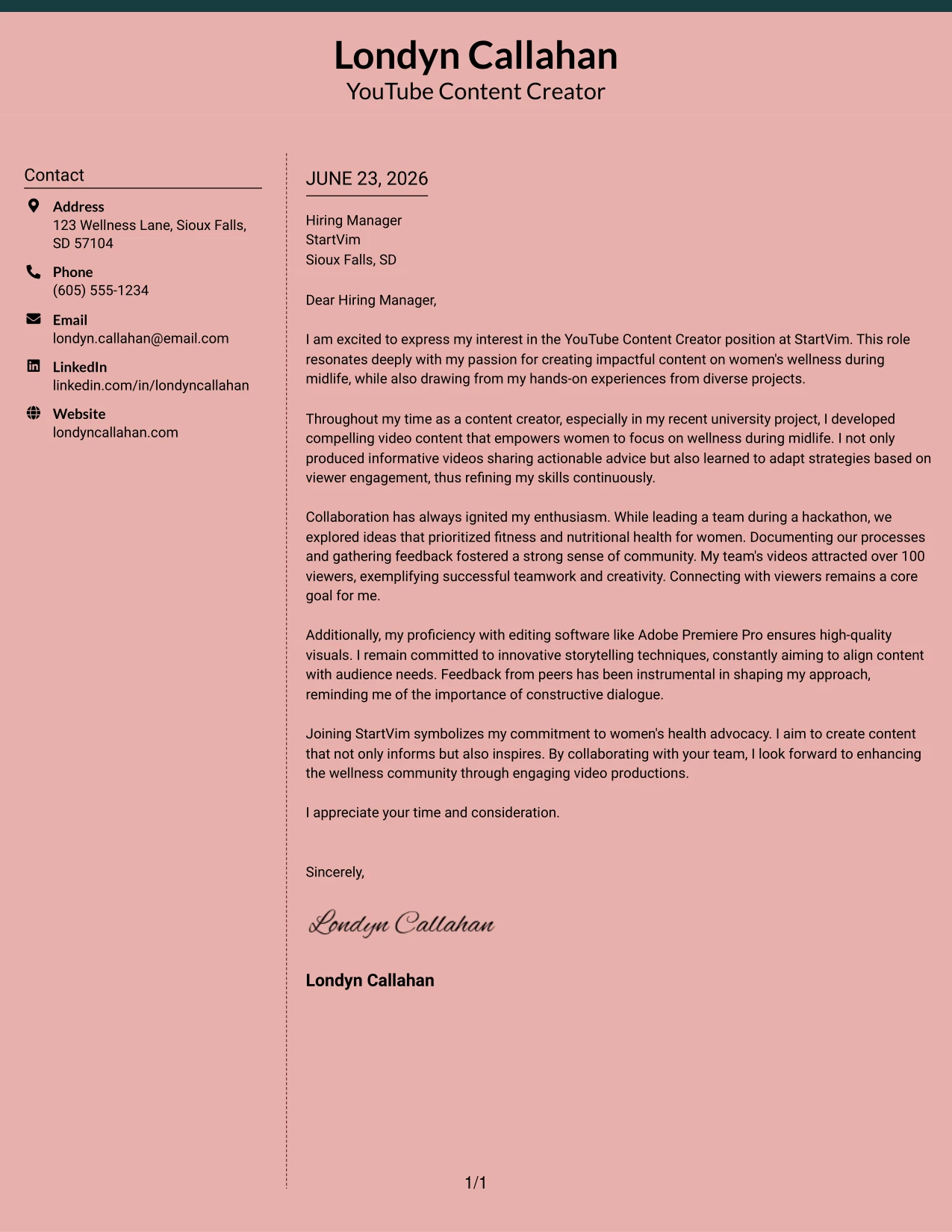 Resume Example Page 1