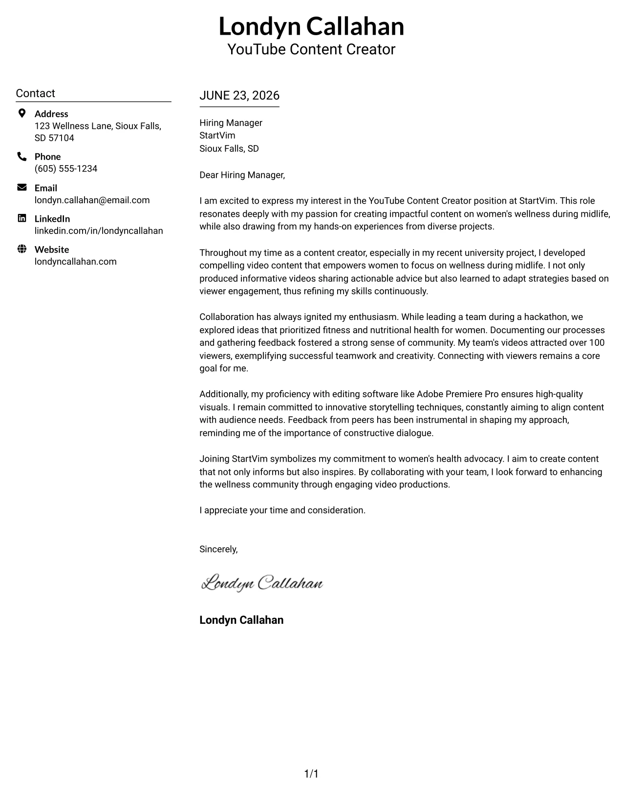 Resume Example Page 1