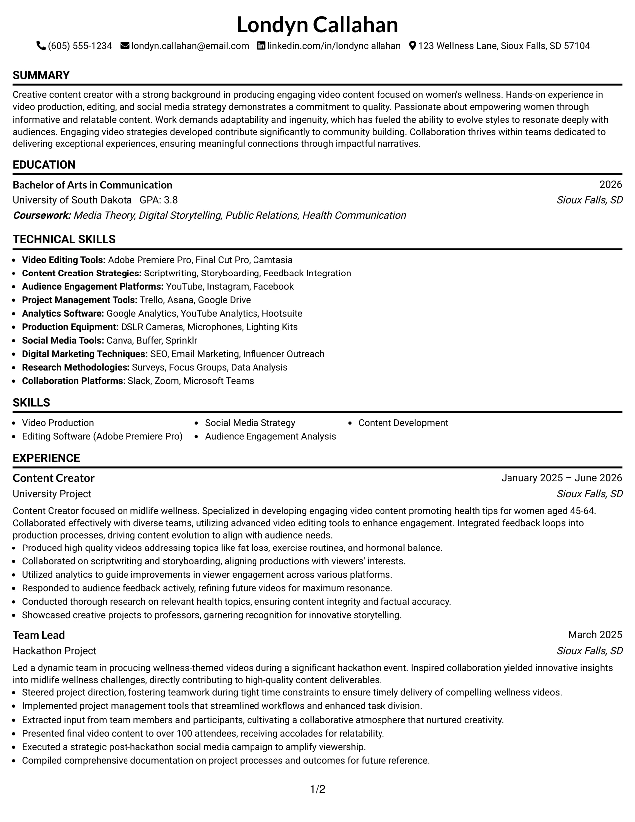Resume Example Page 1