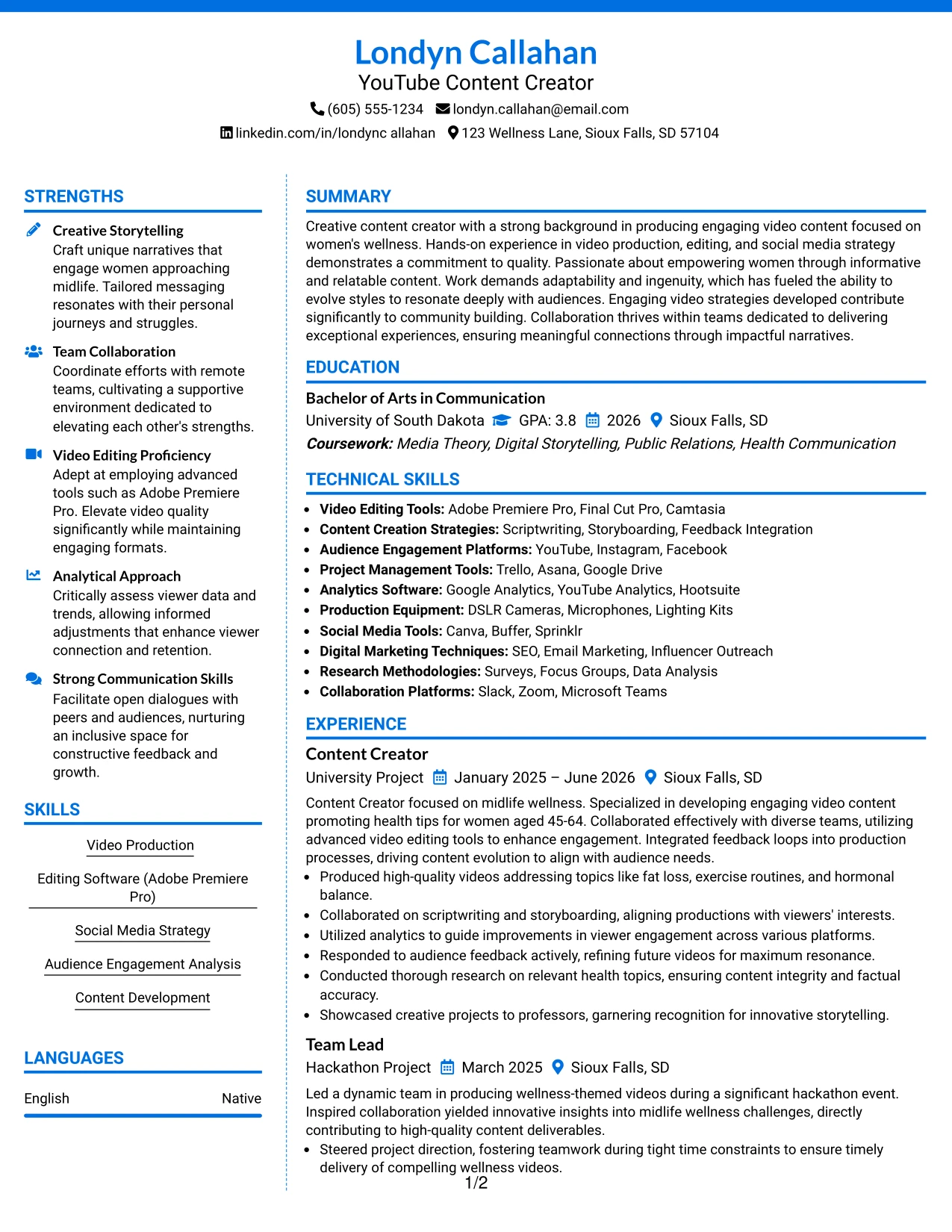 Resume Example Page 1