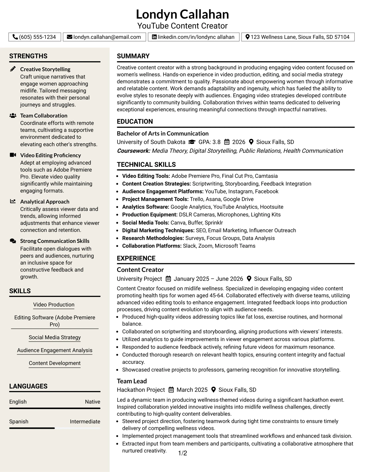 Resume Example Page 1