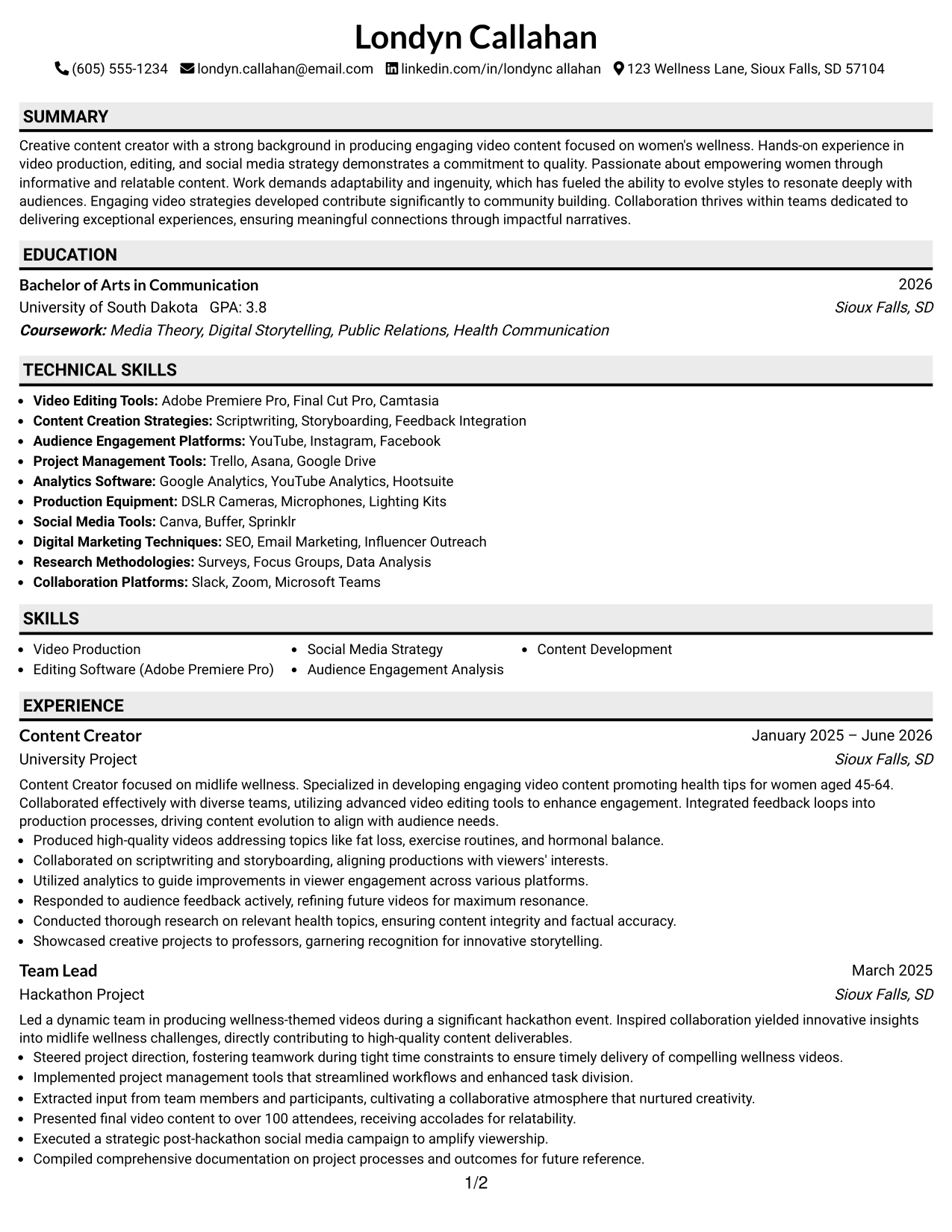 Resume Example Page 1
