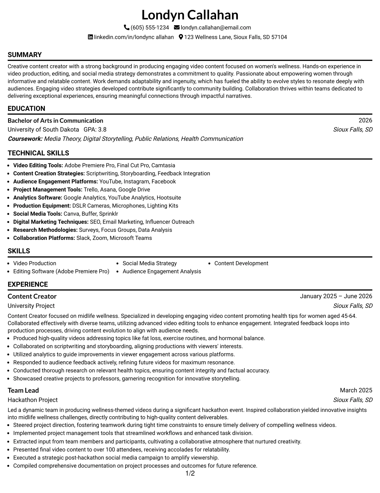 Resume Example Page 1