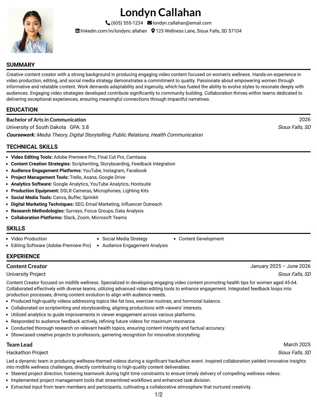 Resume Example Page 1