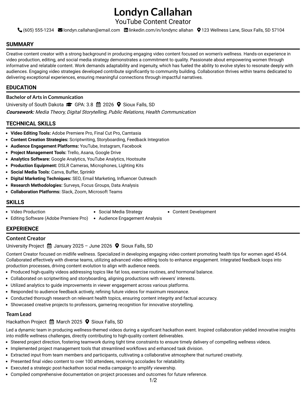 Resume Example Page 1