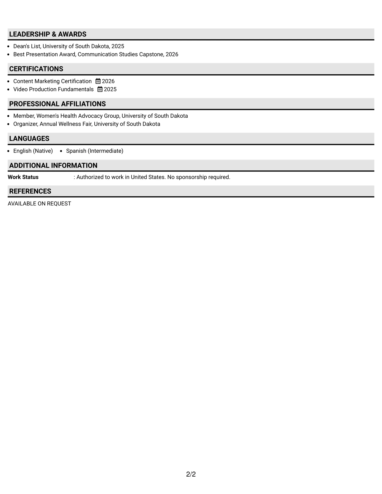 Resume Example Page 2