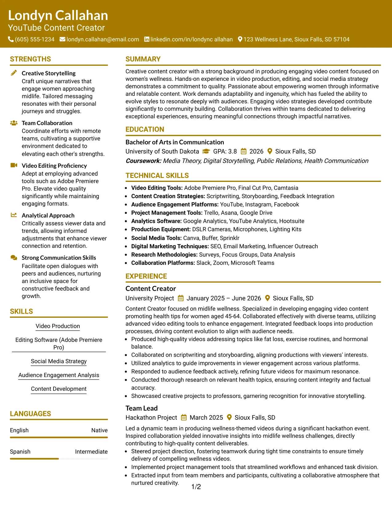Resume Example Page 1