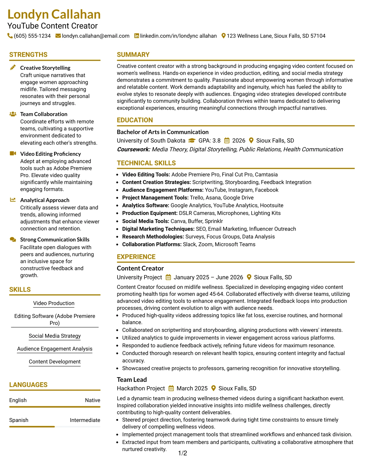 Resume Example Page 1