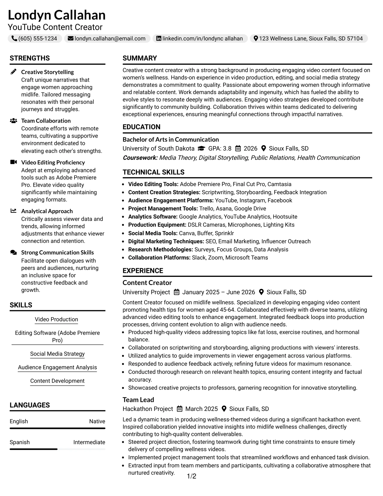 Resume Example Page 1