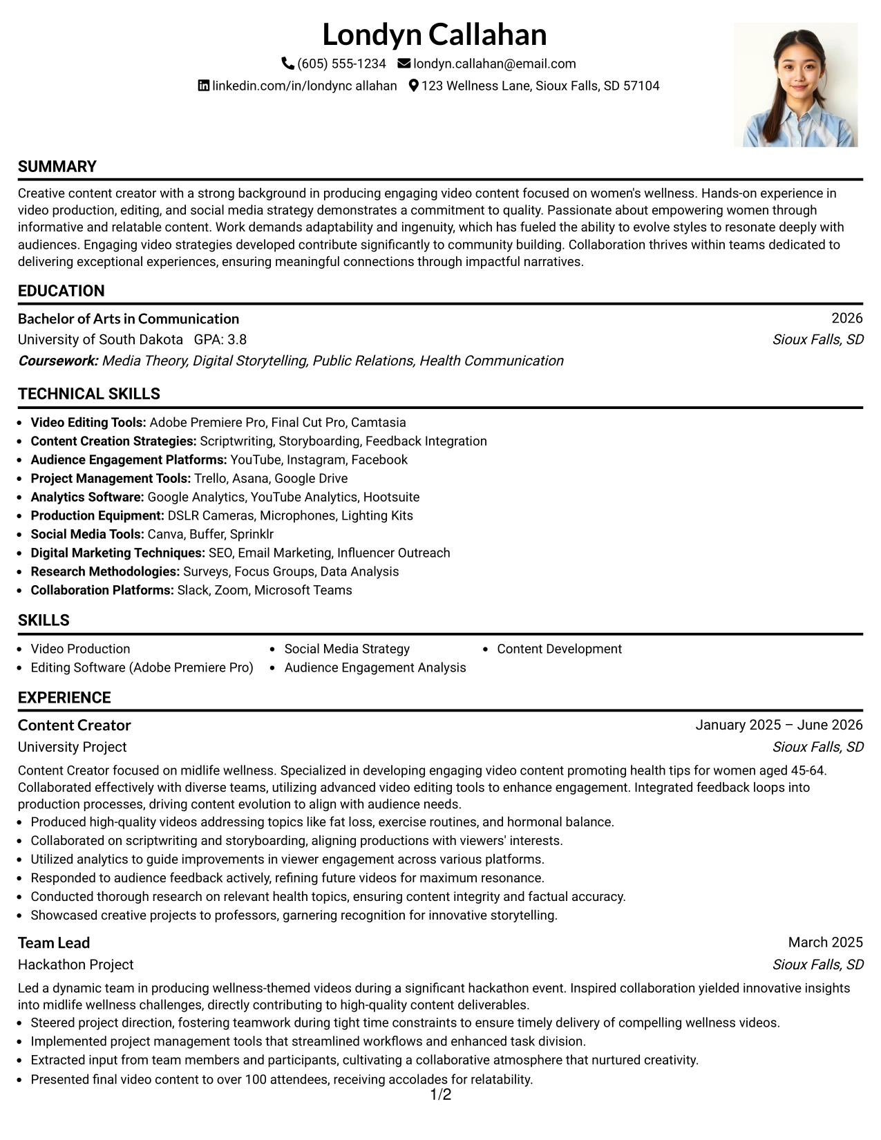 Resume Example Page 1