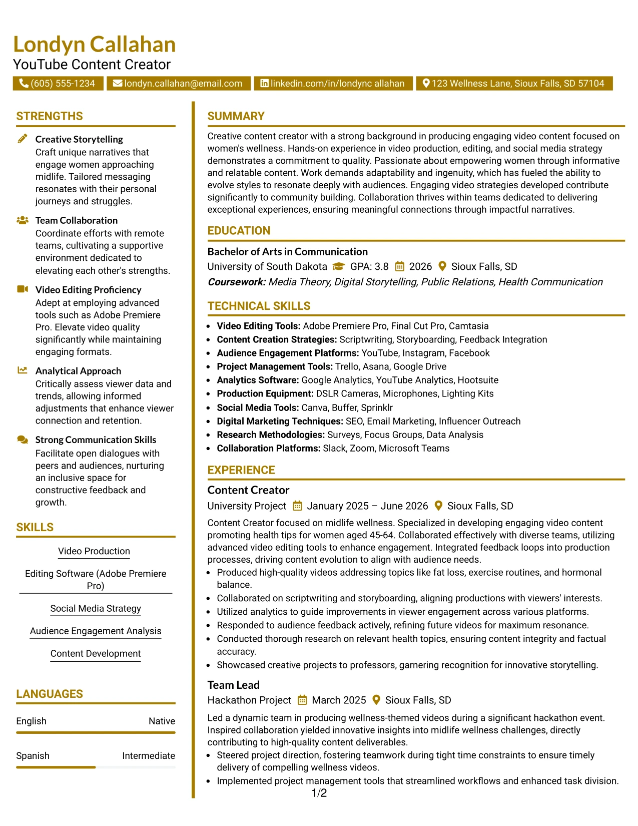 Resume Example Page 1