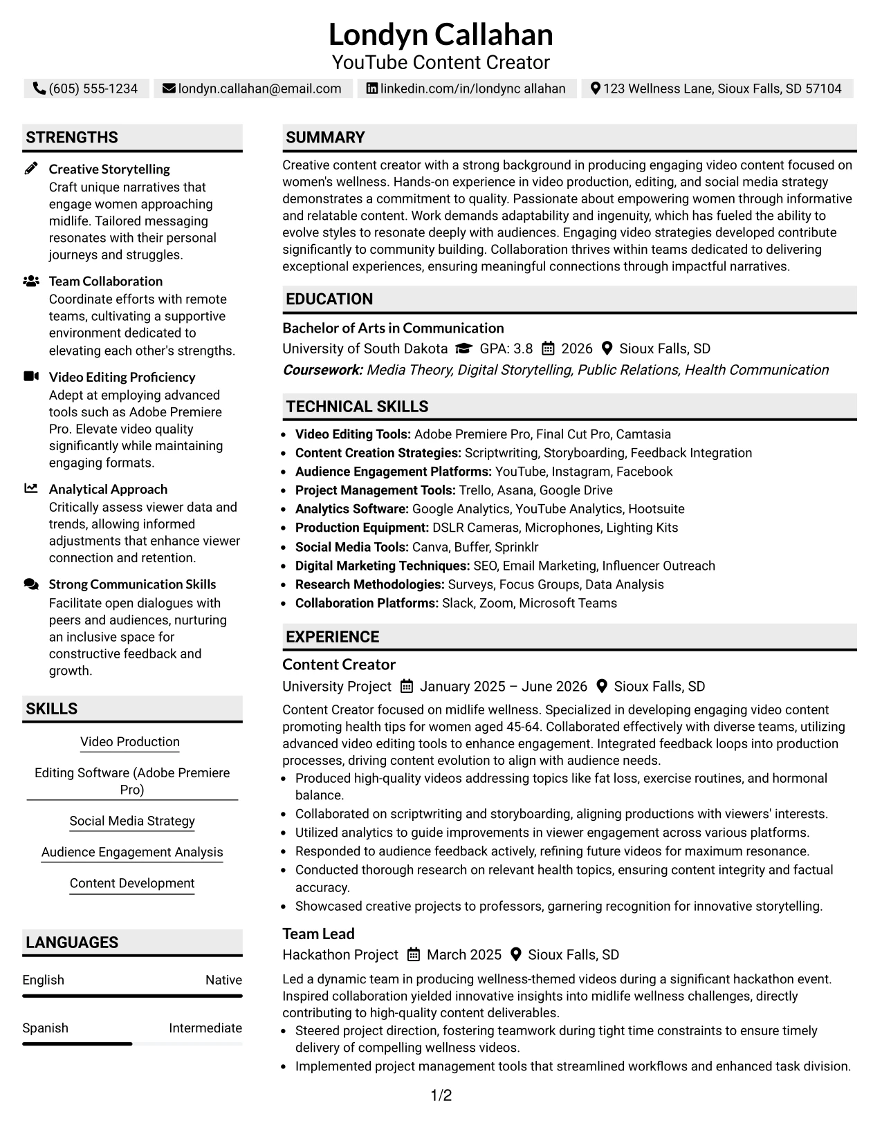 Resume Example Page 1