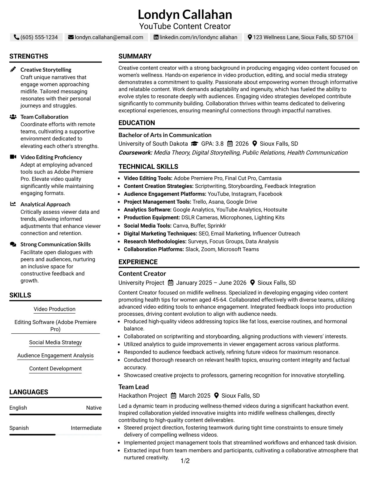 Resume Example Page 1