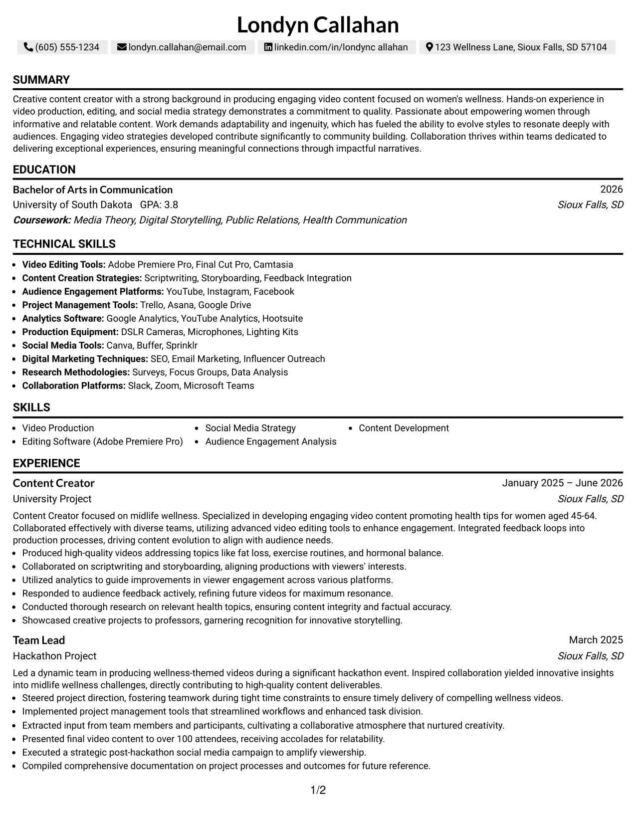 Resume Example Page 1