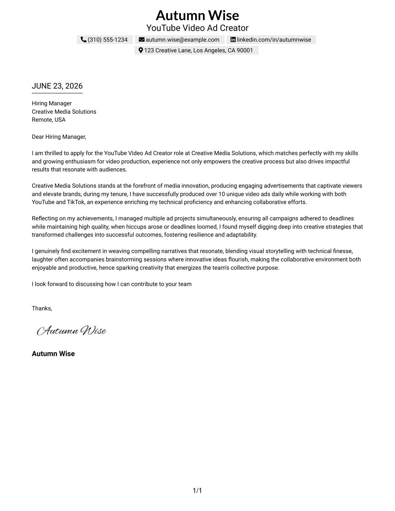 Resume Example Page 1