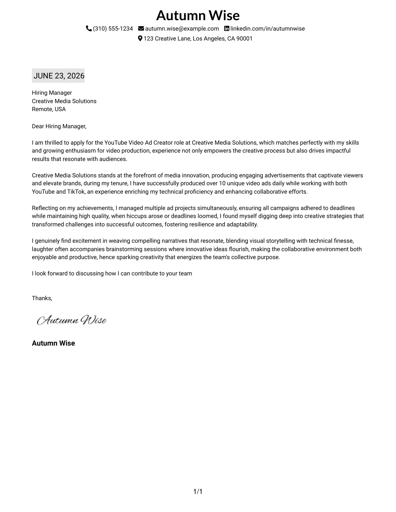 Resume Example Page 1