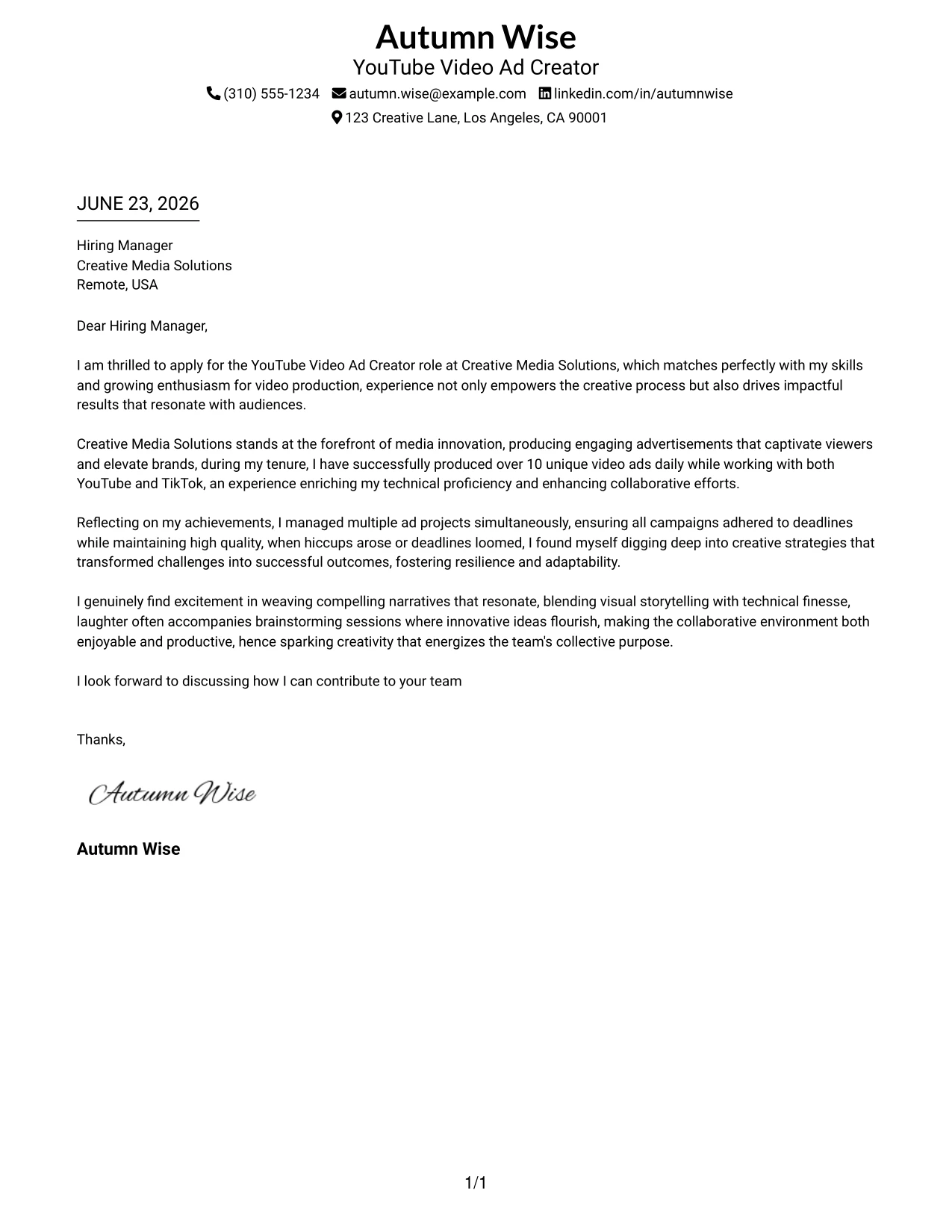 Resume Example Page 1