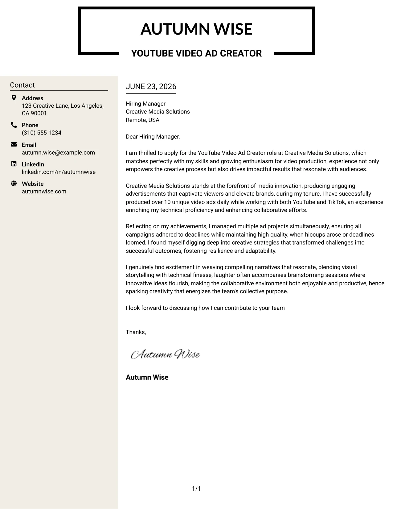 Resume Example Page 1