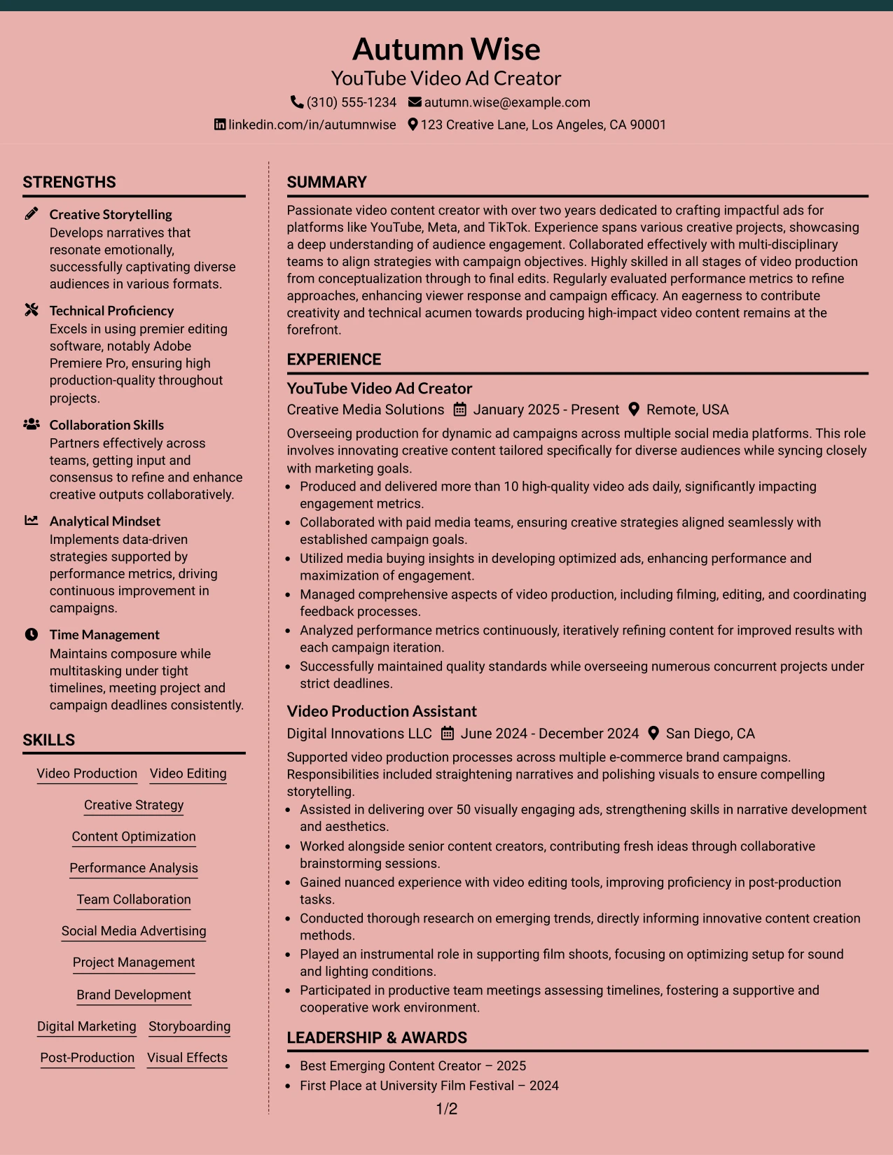 Resume Example Page 1