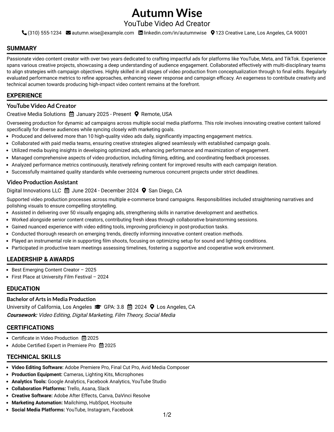 Resume Example Page 1