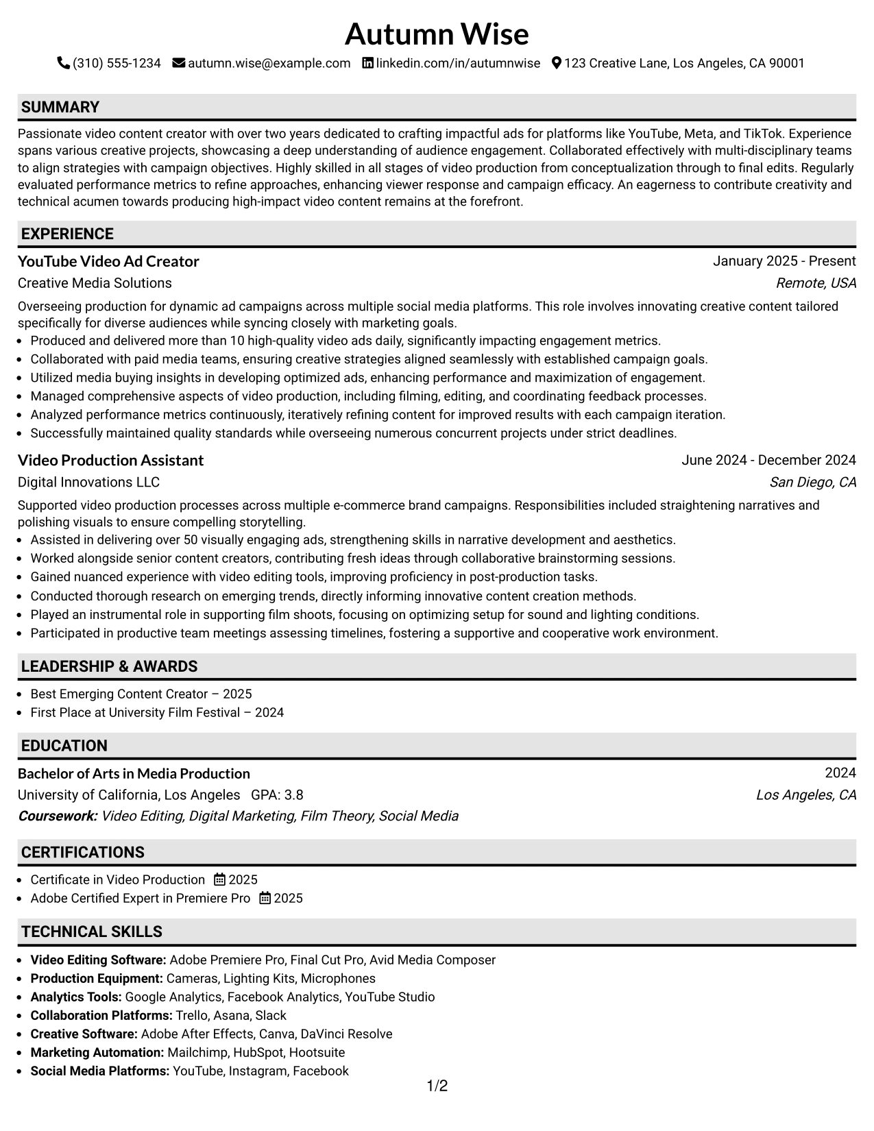 Resume Example Page 1