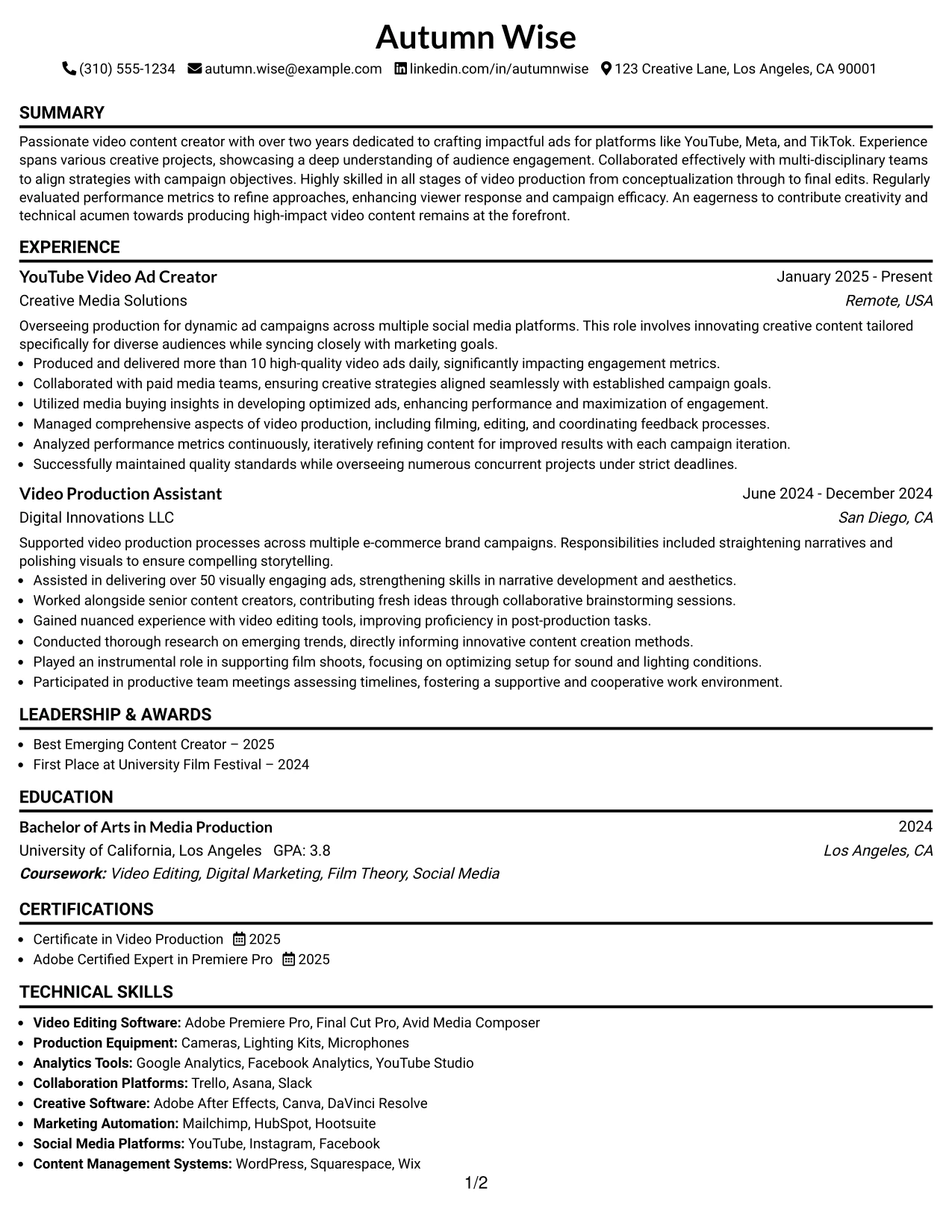 Resume Example Page 1