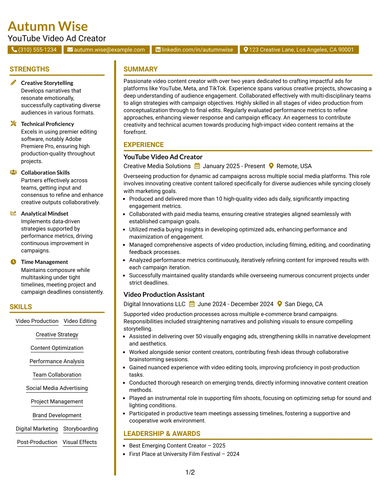 Resume Example Page 1