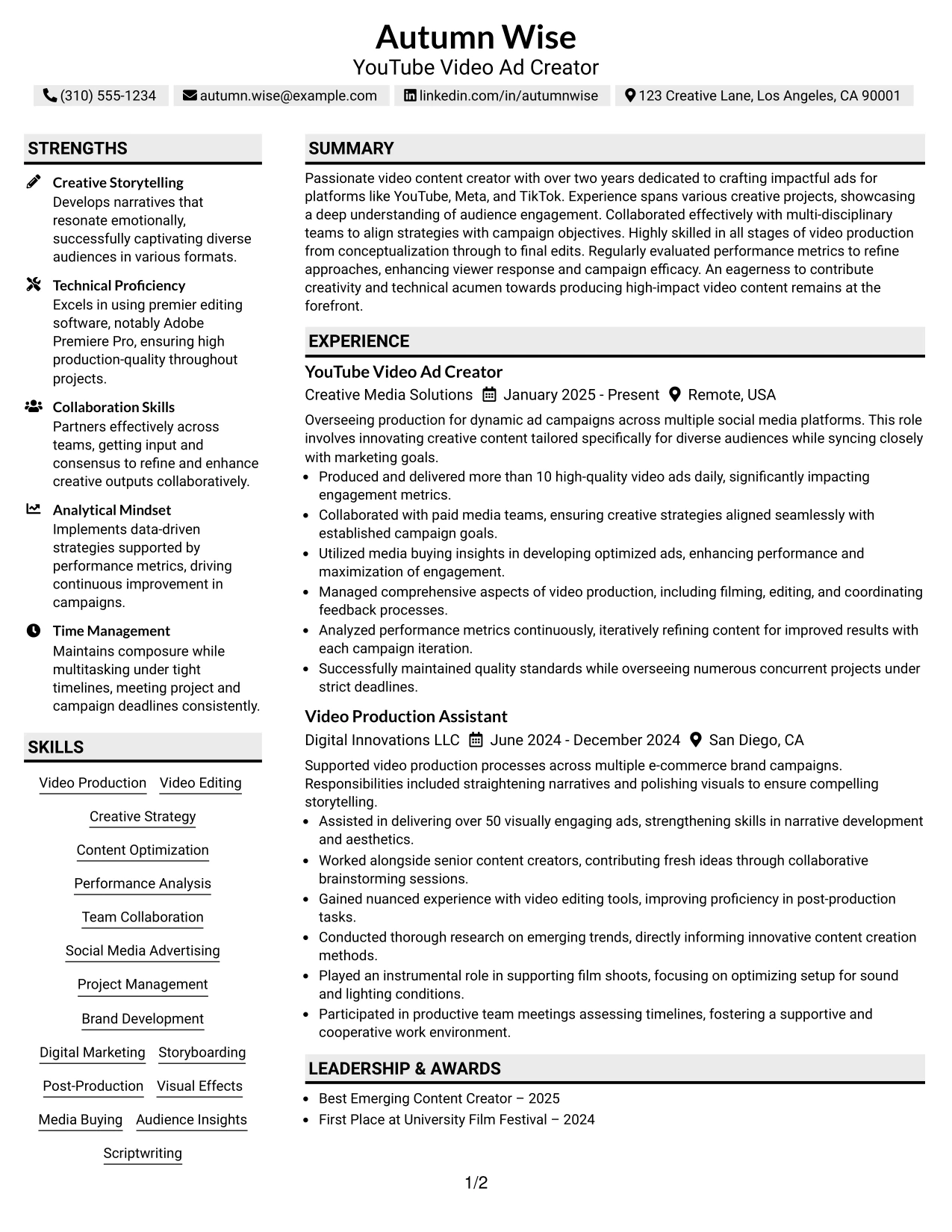 Resume Example Page 1