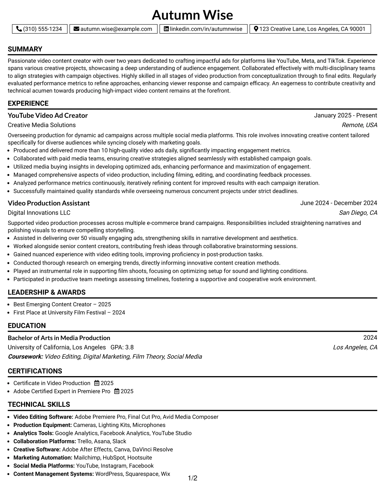 Resume Example Page 1
