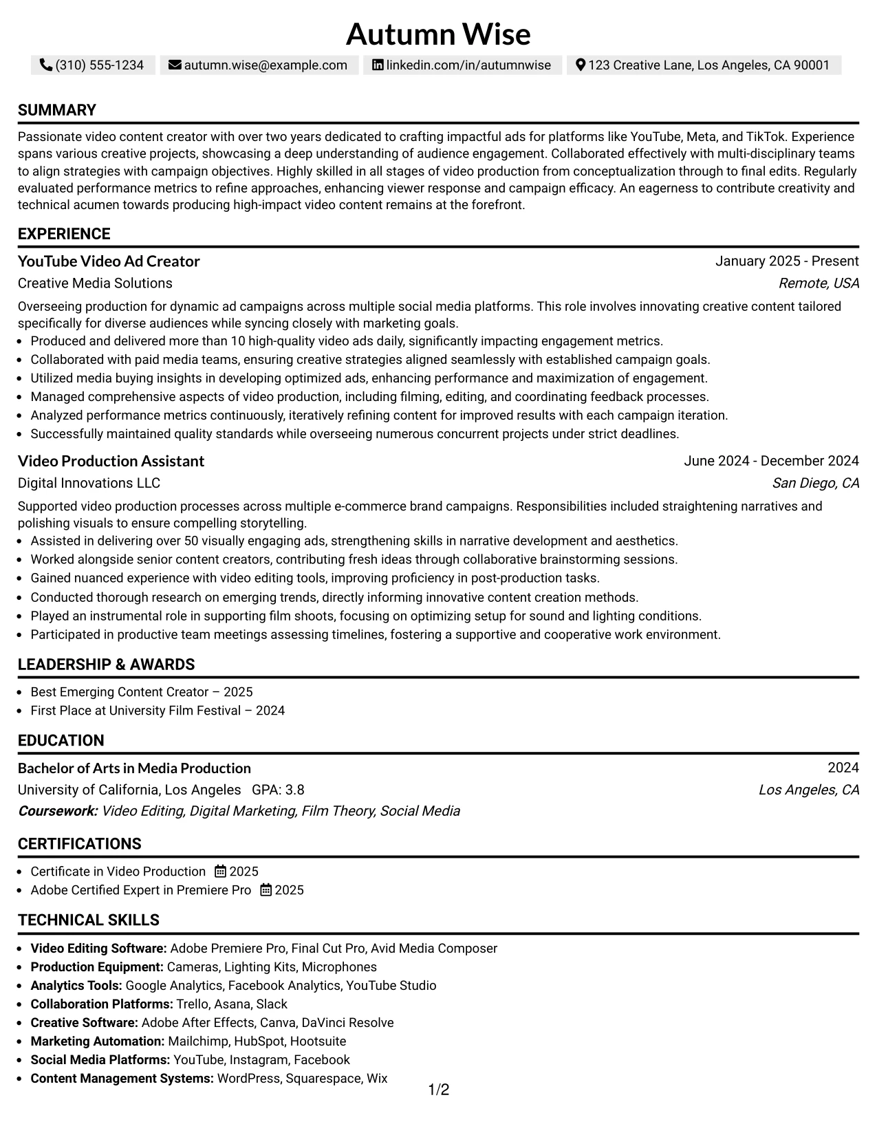 Resume Example Page 1