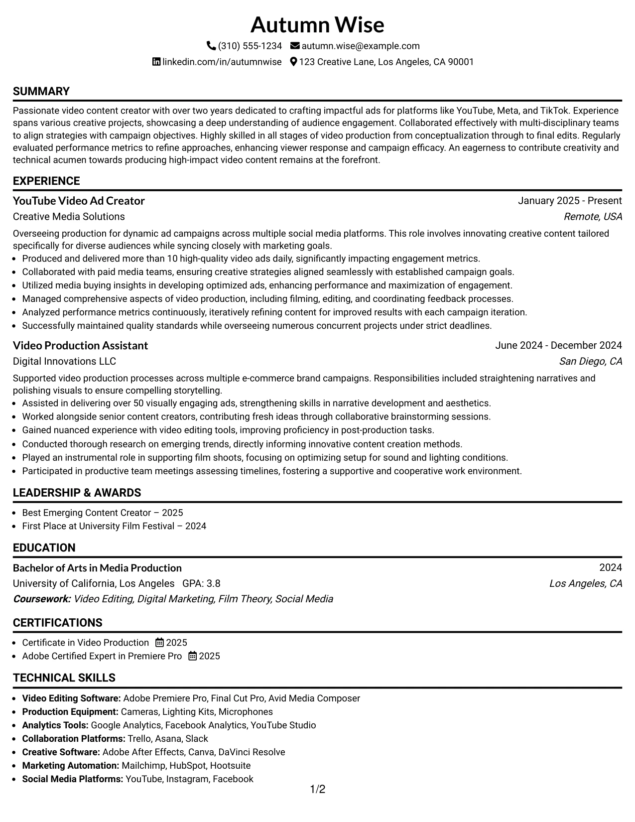Resume Example Page 1