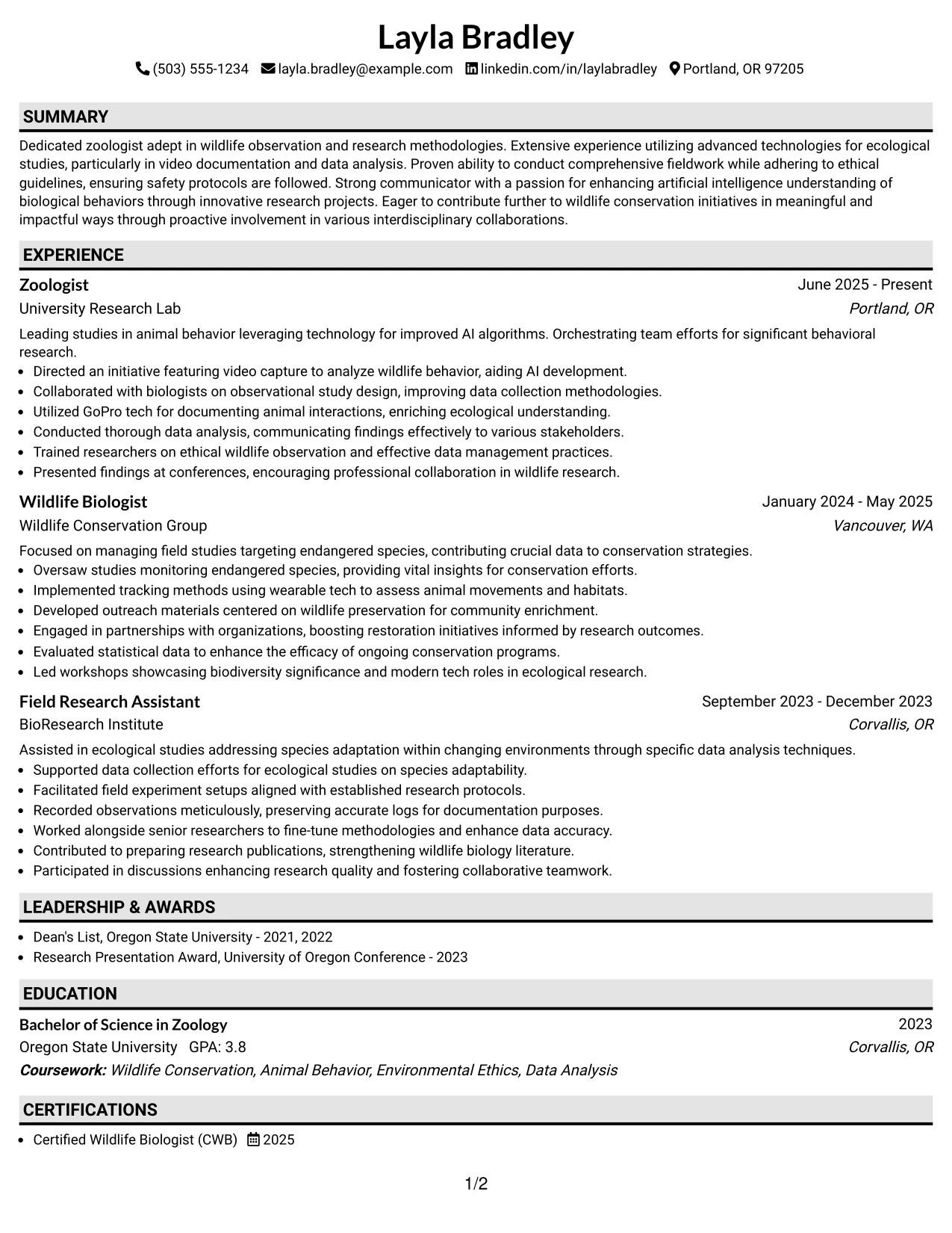Resume Example Page 1