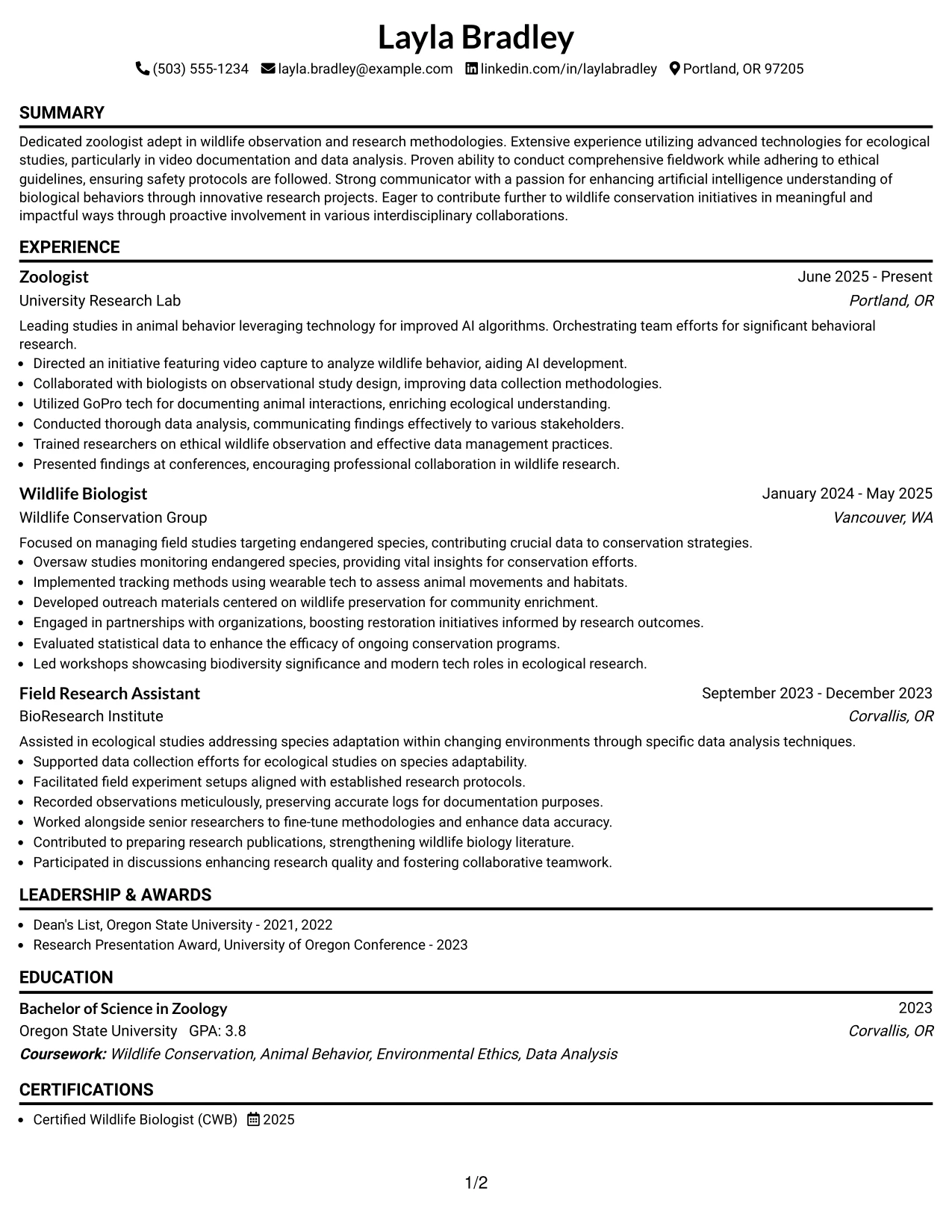 Resume Example Page 1