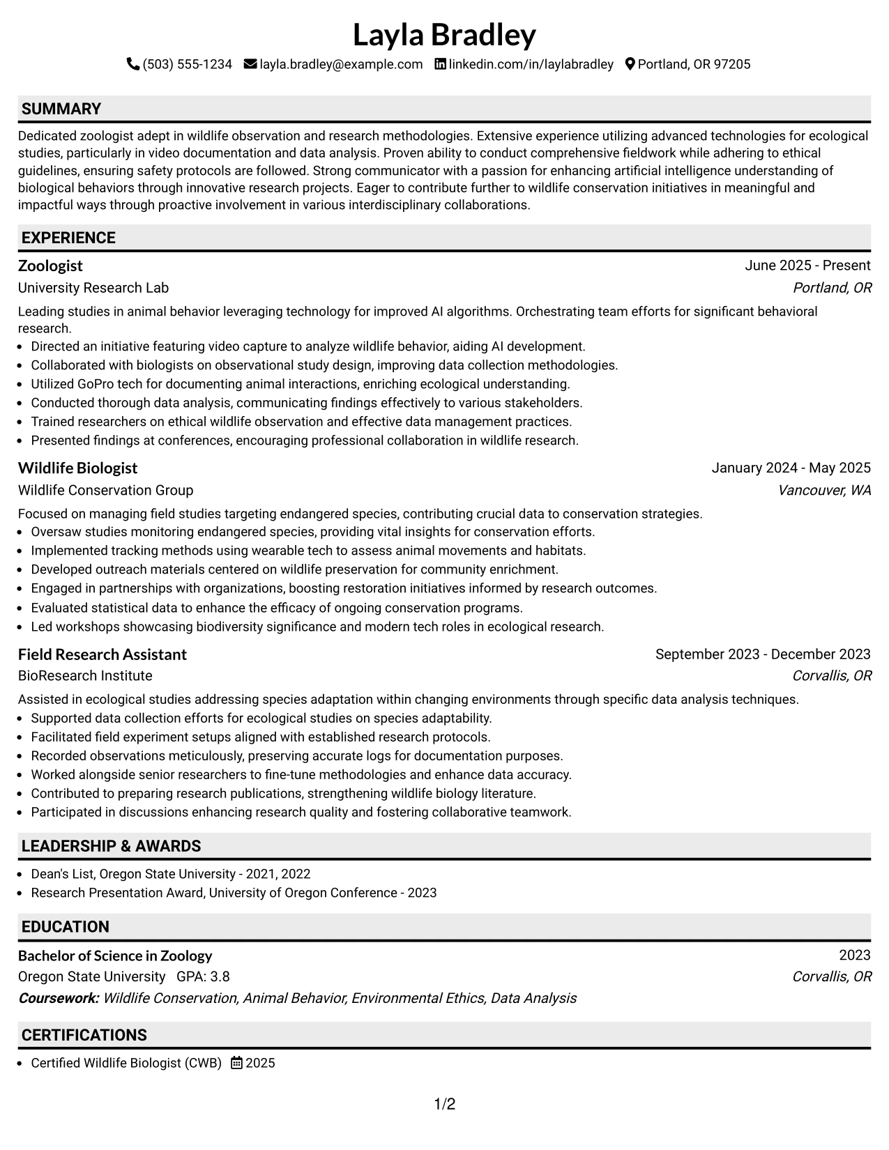Resume Example Page 1