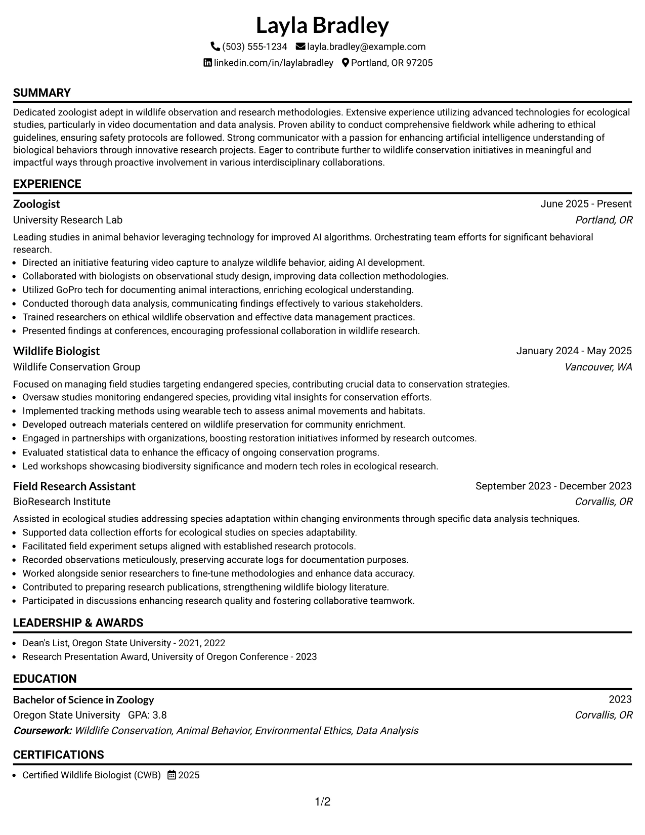 Resume Example Page 1